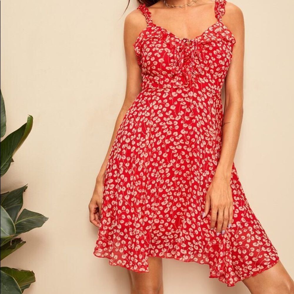 ✨HP✨Ditsy Floral Tie Neck Ruffle Trim Cami Dress✨ - Picture 3 of 8